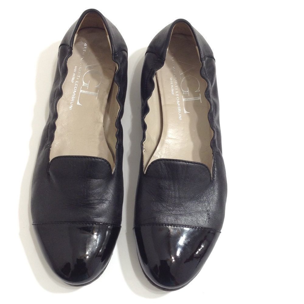 Attilio Giusti Leombruni Black Leather Loafer Round Toe Ballet Flat Size 41